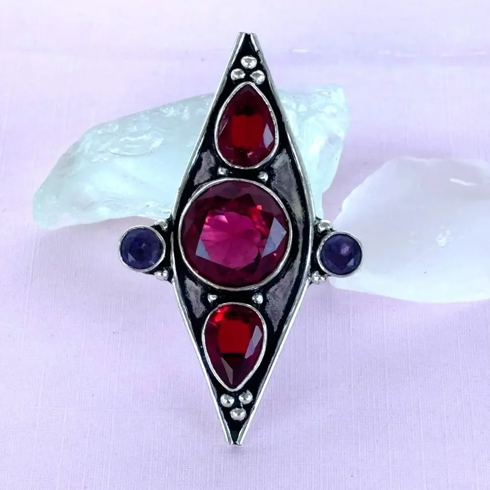 925 Sterling Faceted Garnet Amethyst Knuckle Ring 8.5